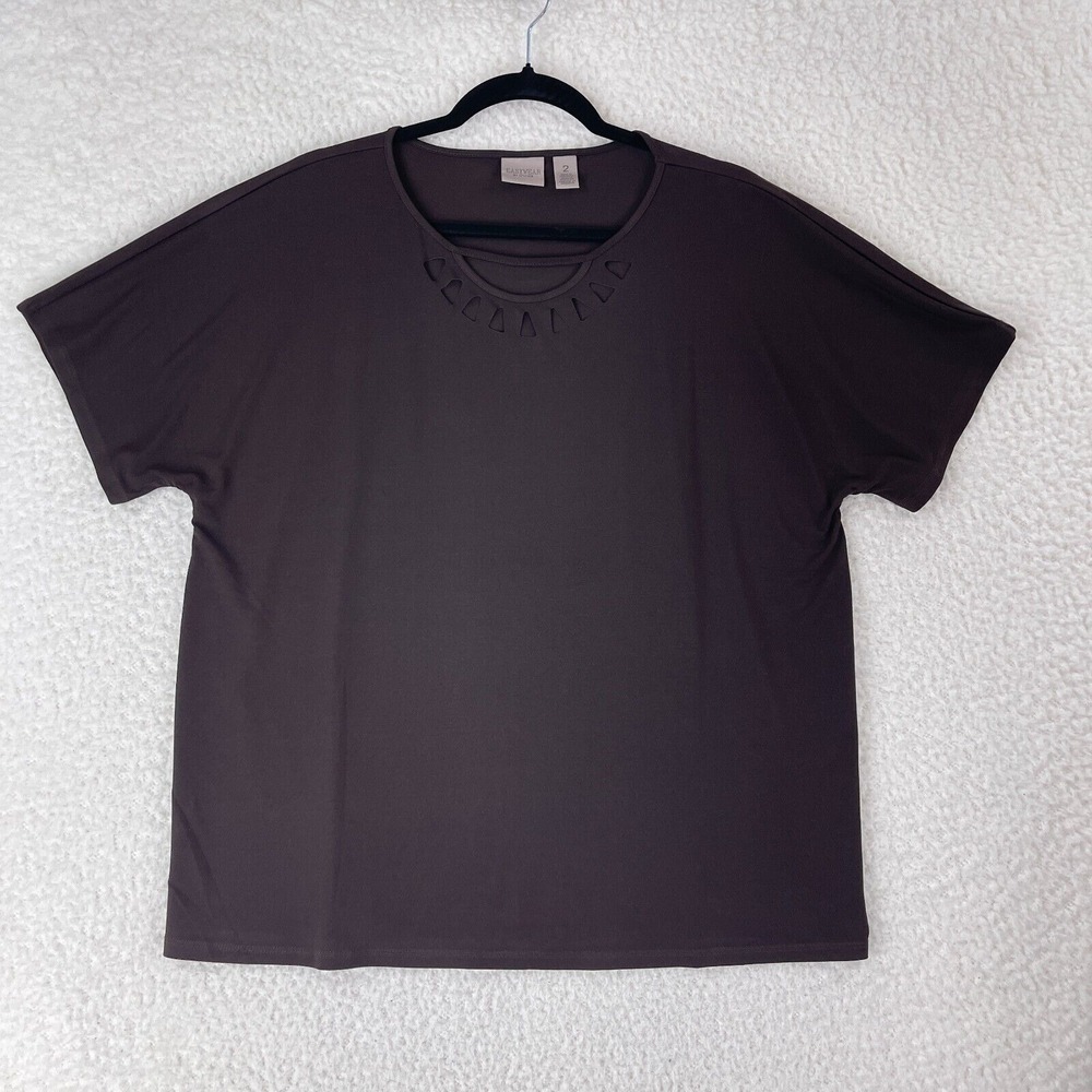 Easywear by Chico's Brown Neck Cutout Shirt Womens Short Sleeve Stretch Size L